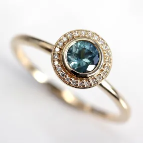 5mm Bezel-set Halo Solitaire Engagement Ring with Teal Malawi Sapphire