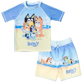 Bluey UPF 50  Rash Guard Swim Trunks Outfit Set