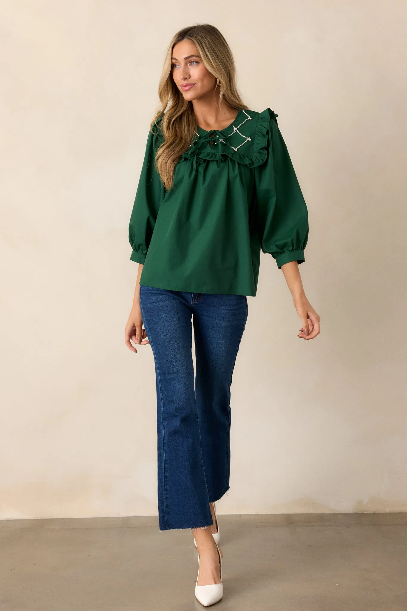 It Happens Hunter Green Ruffle Puff Sleeve Top