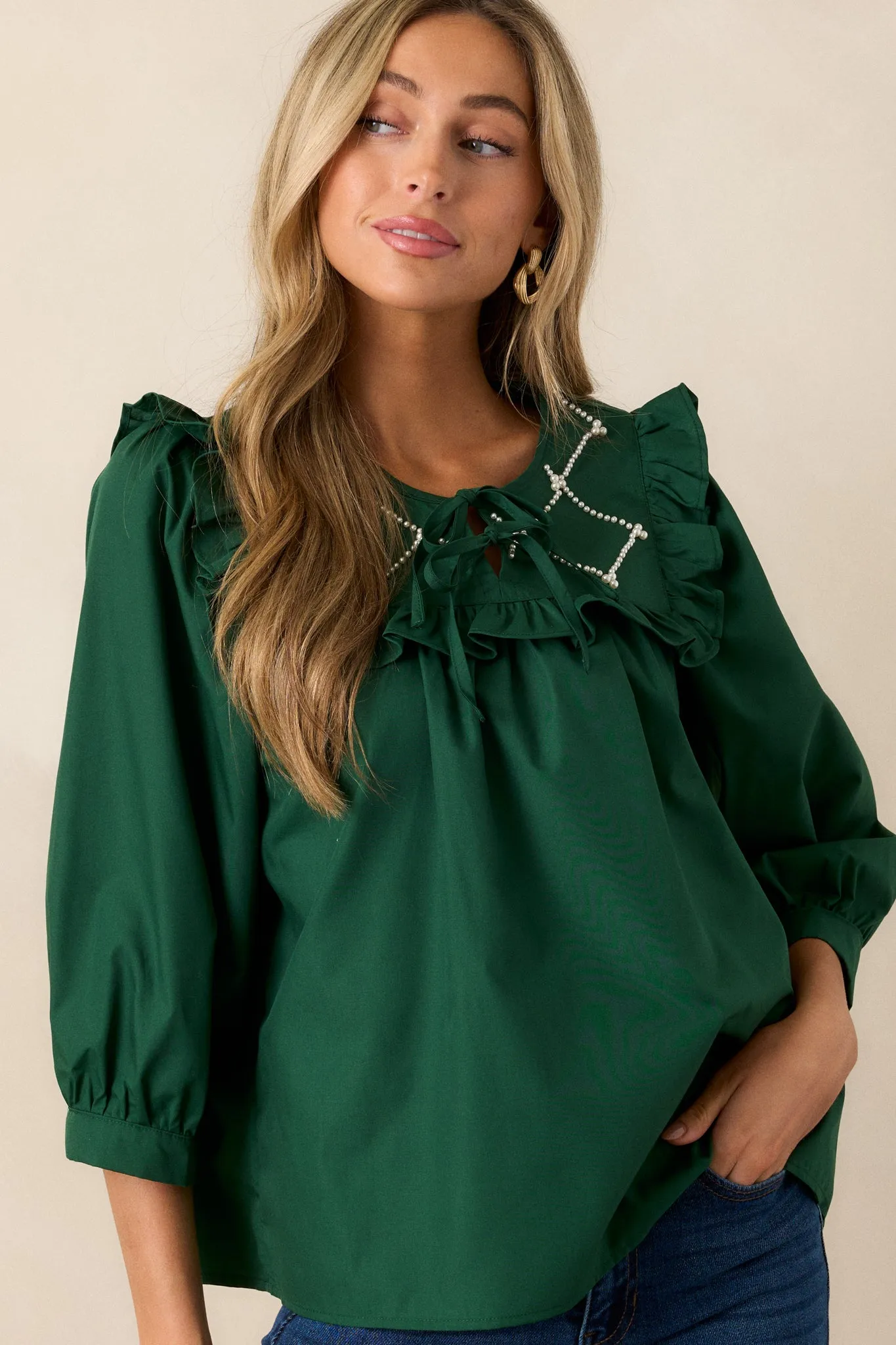 It Happens Hunter Green Ruffle Puff Sleeve Top