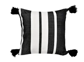 Moroccan Pom Pom Pillow Cover - White with Black Stripes - AlMohada