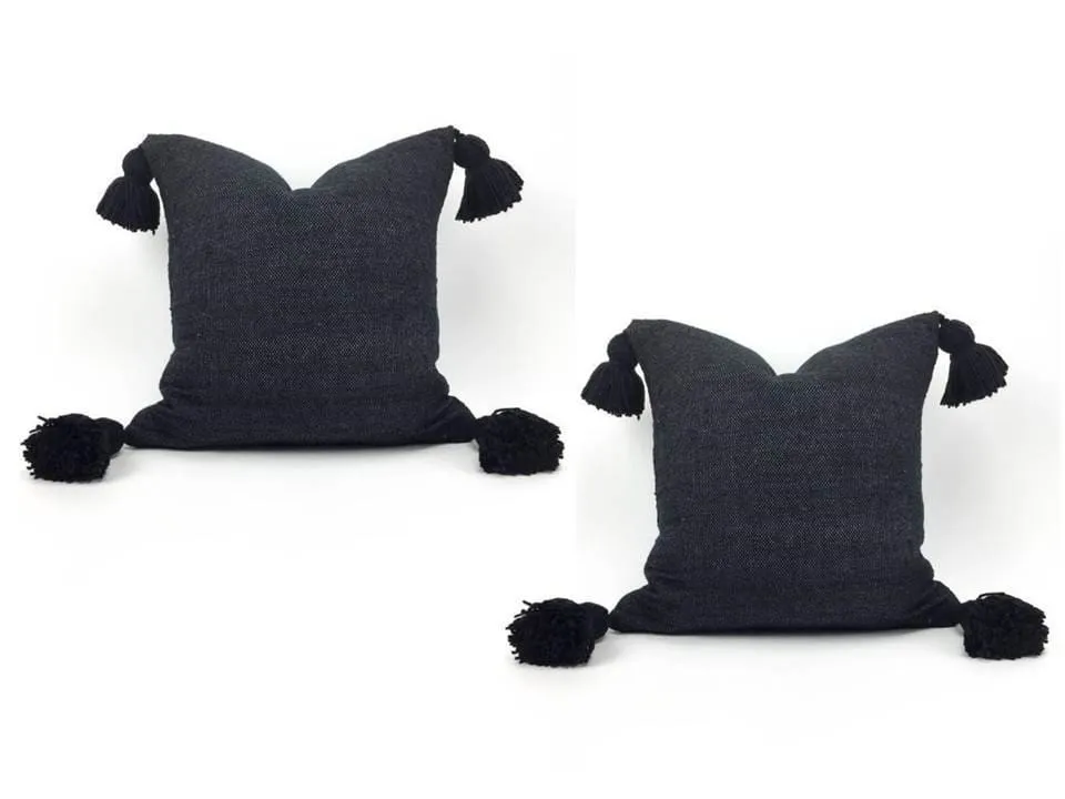 Moroccan Pom Pom Pillow - Square - Set of two Covers - Black