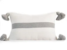 Moroccan PomPom Lumbar Pillow Cover - White with Large Gray Stripe - Darâa