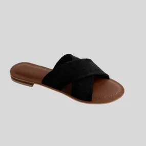 Suede Cross Strap Sandal - Black